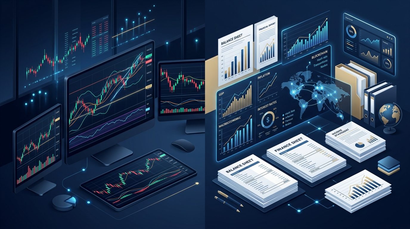 Comparaison visuelle entre graphiques d'analyse technique et métriques d'analyse fondamentale en trading