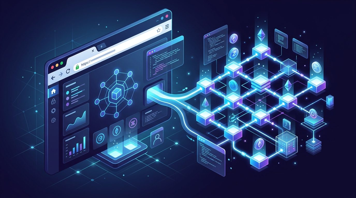 Schéma conceptuel représentant la connexion technique entre un site web et un réseau blockchain décentralisé